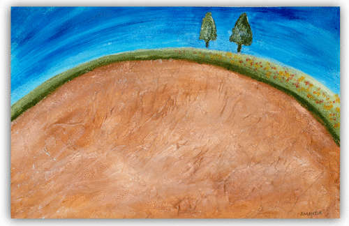 Two trees on a hill - textured acrylic on canvas (A3)